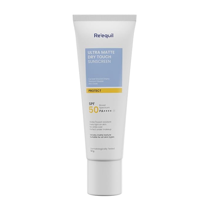 RE’ EQUIL Ultra Matte Dry Touch Sunscreen | SPF 50 PA++++ | Water & Sweat Resistant | No White Cast, Non-Greasy & Non-Comedogenic | For All Skin Types