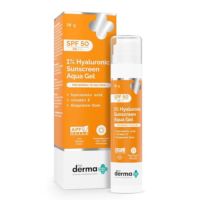 The Derma Co 1% Hyaluronic Sunscreen Aqua Gel SPF 50 PA++++ | Hydrating, Lightweight & Non-Greasy | No White Cast | Broad Spectrum & Blue Light Protection | 50 gm